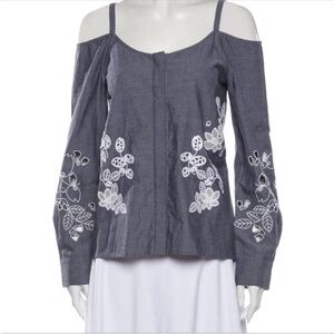 Suno Gray Cotton Chambray White Floral Embroidered Cold Shoulder Button Up Top 4